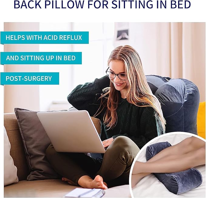 Reading Pillow 31”Wx21”H Back Pillow for Bed Sitting Up, Bed Pillow with Shredded Memory Foam with Arm Backrest, Back Support Pillow with Leg Pillow and Pocket for Reading/Gaming/Relaxing