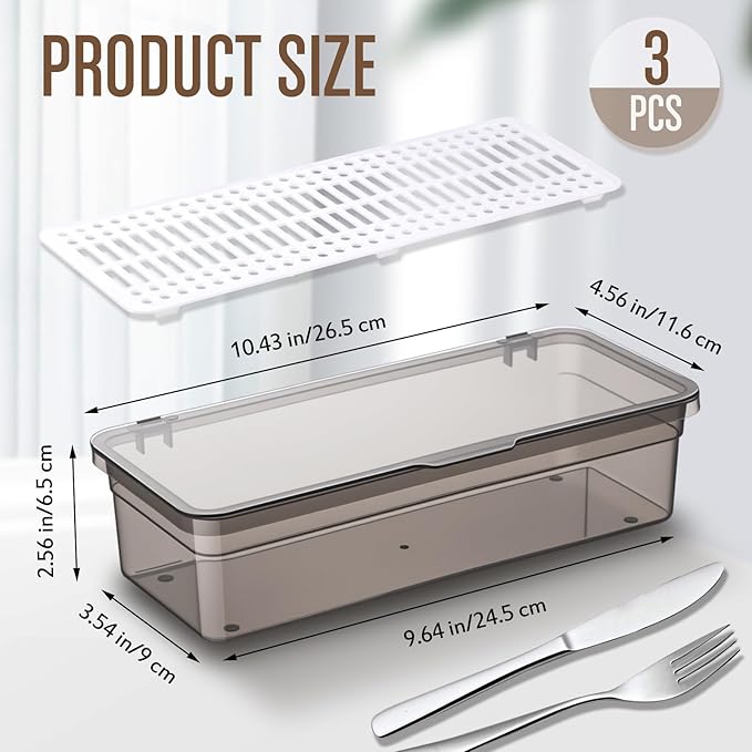Remerry 3 Pcs Flatware Tray with Lid and Drainer, Plastic Utensil Organizer, Kitchen Cutlery Transparent Storage Box with Lid and Drain Rack, Drawer Tableware Storage Box for Home and Travel (Grey)