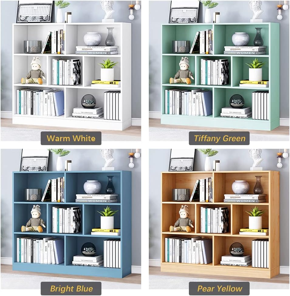 IOTXY Open Shelf Low Bookcase - Wooden 3-Tier Floor Standing Display Cabinet Organizer with Base, 7 Cubes Short Horizontal Bookshelf in Bright Blue