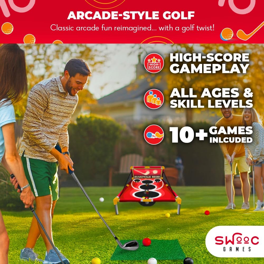 SWOOC Games - Boardwalk Birdie™ | Arcade Style Golf Game w/Easy Setup & 10+ Games Included | Cornhole Golf Chipping Game | Indoor & Outdoor Activities for Adults and Family | Backyard Fun