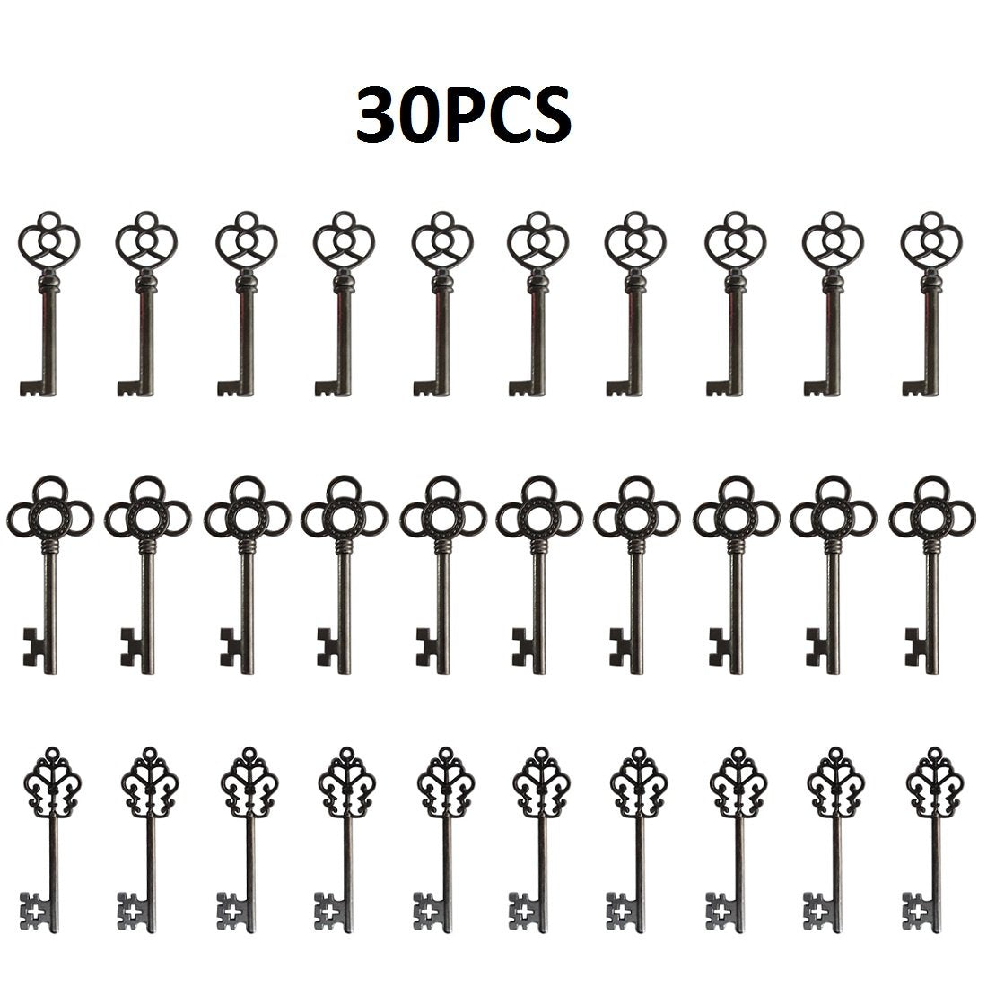 XONOR Mixed Set of 30 Vintage Old Look Skeleton Keys Fancy Heart Bow Necklace Pendants (Black)