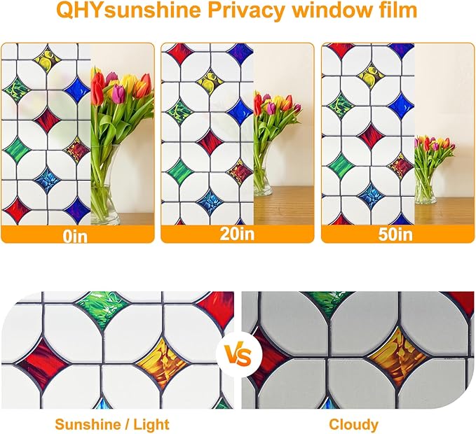 Stained Glass Window Film - Non-Adhesive Colorful Privacy Film | Privacy Protection, Reusable & Renter Friendly | Perfect for Bedroom/Bathroom Room Decor (Frosted Mosaic, 35.4 X 157.4 in)