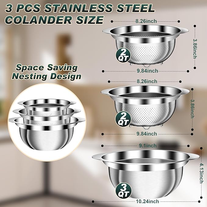Stainless Steel Colander - 3Pcs Colander for Kitchen - Strainers and Colanders, Kitchen Presents, Food Strainer Basket with Handle for Veggie Wash, Fruits, Spaghetti, Pasta, 2QT, 2QT, 3QT Bowl