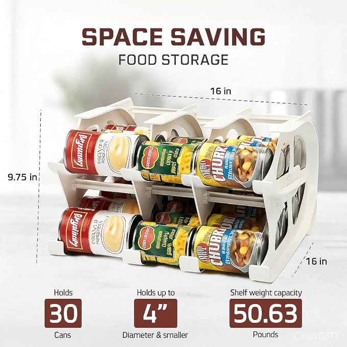 FIFO Can Tracker 2-Pack - 2-Tier Rotating Food Can Organizer for Pantry, Expandable Soda Can Storage for Kitchen, Holds 30 Cans of Food or Soda