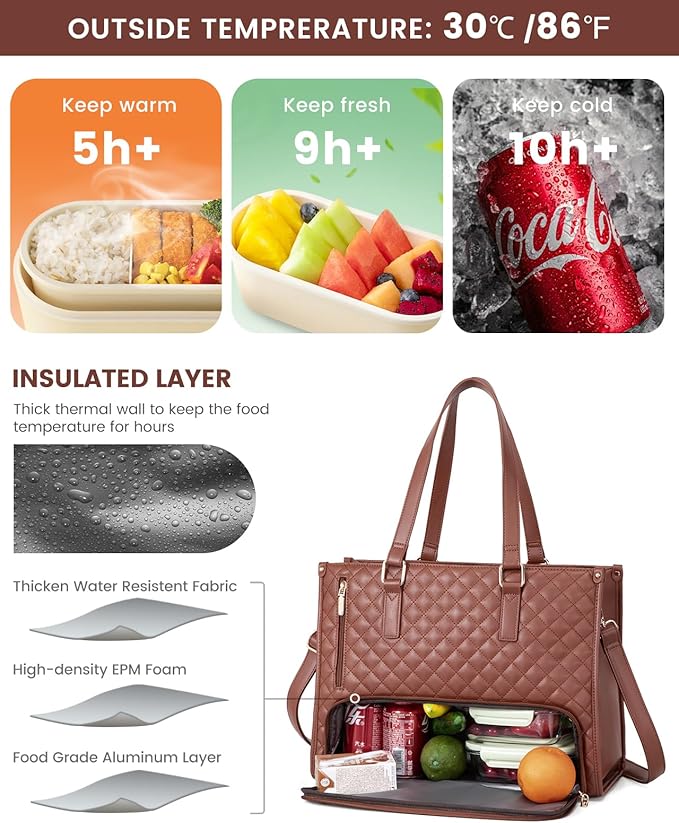 LOVEVOOK Lunch Tote Bag for Women, 15.6 Inch Laptop Bag with Insulated Lunch Compartment, Quilted Large Capacity Computer Handbag with Purse for Business, Work, Nurse, Collage, Office, Casual, Brown