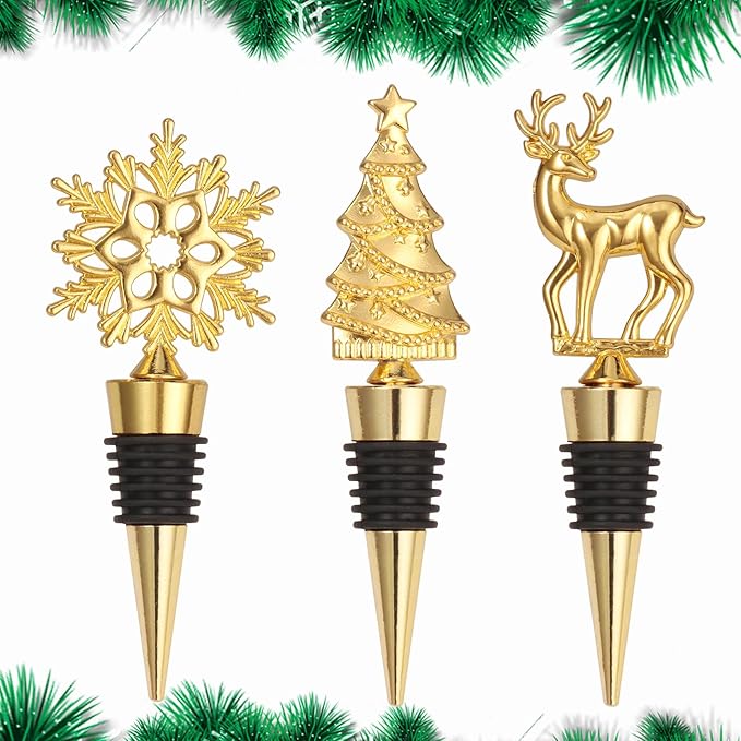 Wine Bottle Stopper,3 Pieces Christmas Snowflake Tree Deer Decorative Wine Bottle Stopper,Metal Reusable Wine Bottle Stoppers for Wine, Champagne and Beer Collection (Christmas Set)