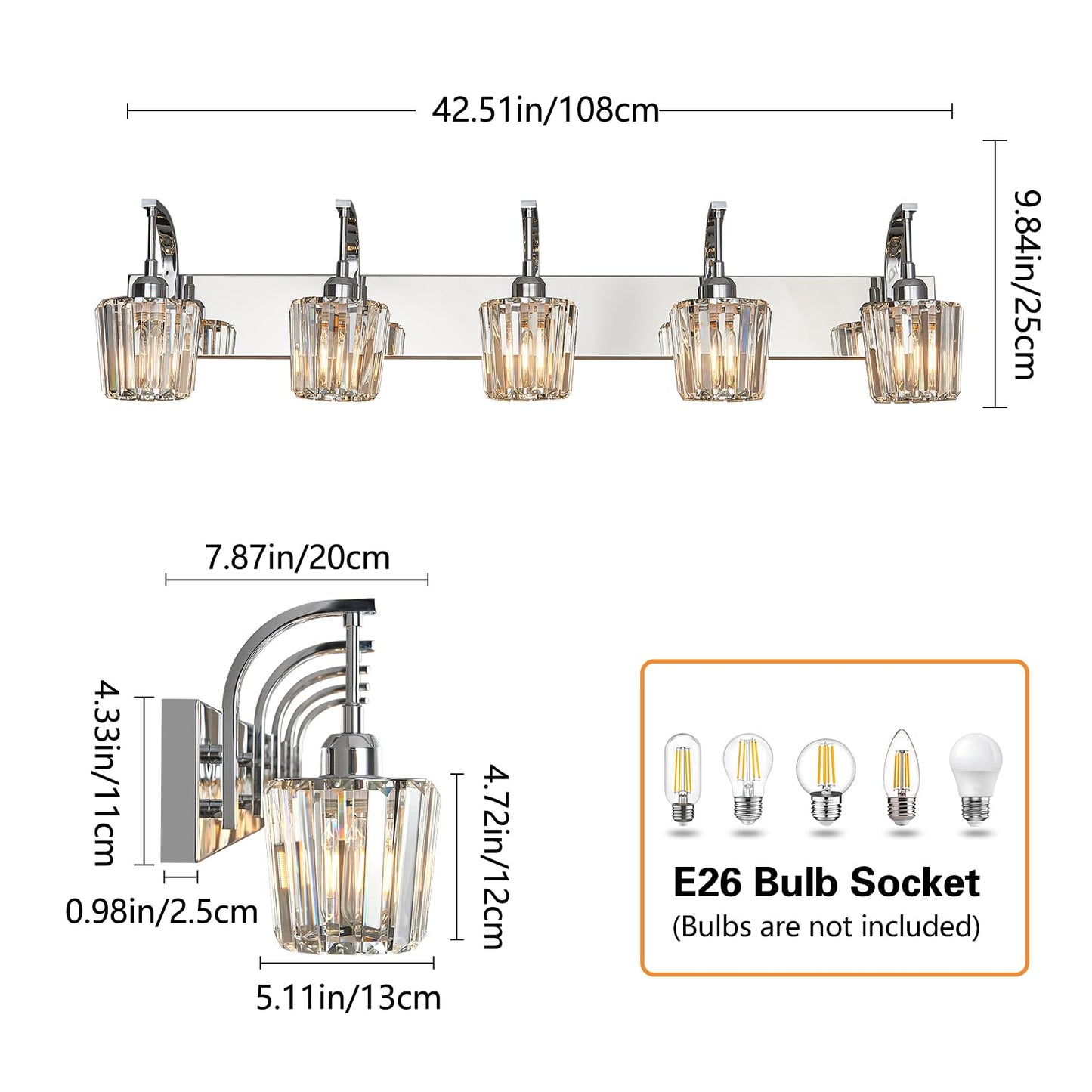 Fdpby Modern Bathroom Vanity Light  5-Light Chrome Wall Sconce With Crystal Accents  Over Mirror Bathroom Lighting Fixture  42.52 Long Dimmable Vanity Lamp For Makeup  Easy Installation