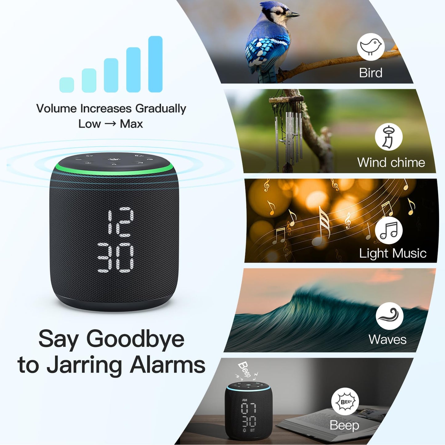 REACHER Sound Machine Alarm Clock for Kids, Portable Sound Machine for Sleep Friendly, Small Rechargable Bluetooth Alarm Clock for Travel, Glow Night Light for Bedroom Nursery Travel Dorm Bedside