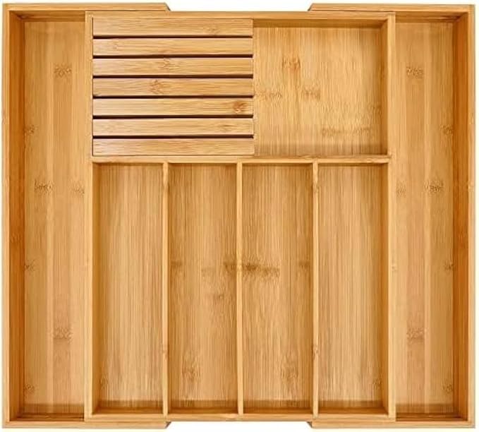 NEW Bamboo Wood Drawer Organizer with Silverware and Knife Block - 12.75-22 x 17 x 2 In (Brown)