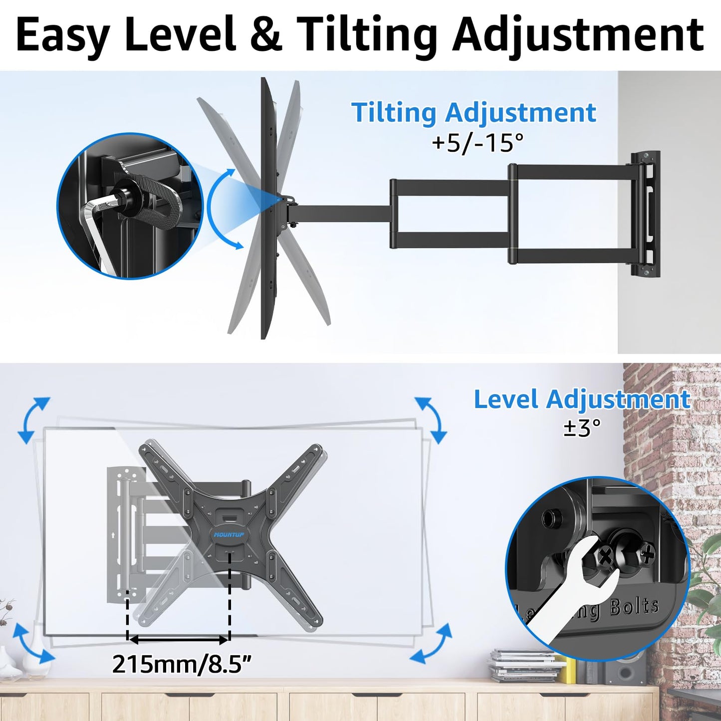 MOUNTUP Corner TV Wall Mount for Most 26-65 Inch TVs, Long Arm TV Mount with 30 Inch Extension Arm, Smooth Swivel Tilt Single Stud Full Motion Bracket Max VESA 400x400mm, 77 lbs Heavy Duty, MU0057