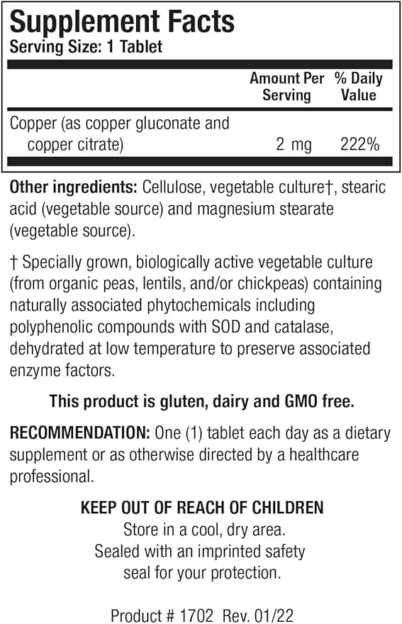 CuZymeTM Essential Mineral Supplement, Energy Metabolism, Iron Absorption, Healthy Bones, Immune Function 100 Tablets