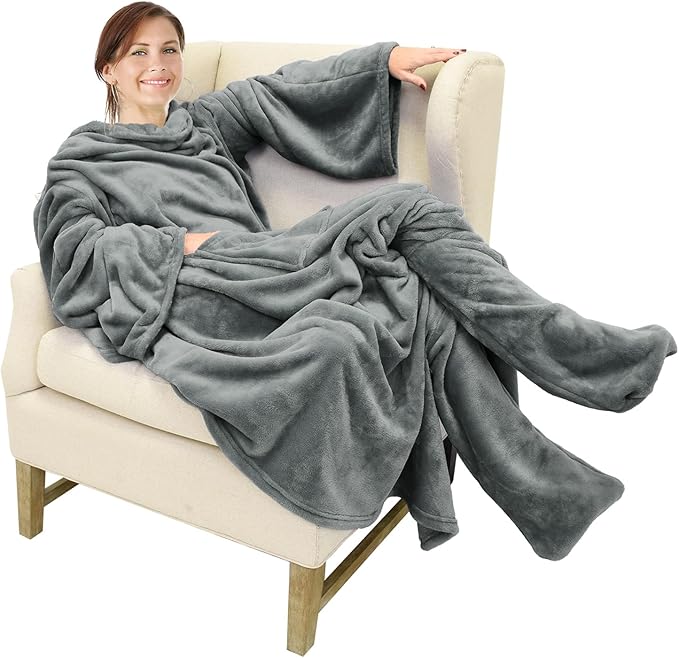 Catalonia Wearable Fleece Blanket with Sleeves and Foot Pockets for Adult Women Men, Micro Plush Comfy Wrap Sleeved Throw ...