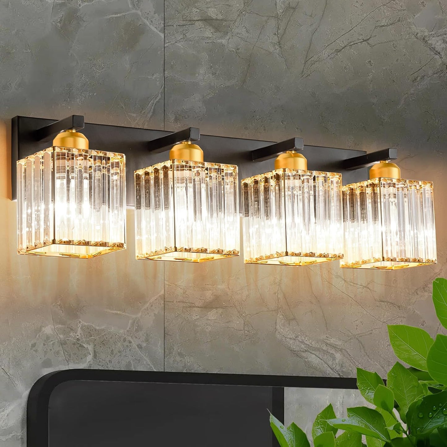 Bathroom Vanity Light Fixtures Over Mirror 4 Crystal Lights - Makeup Lighting Black Gold - For Modern Wall  Bath  Desk  Farmhouse  Hallway