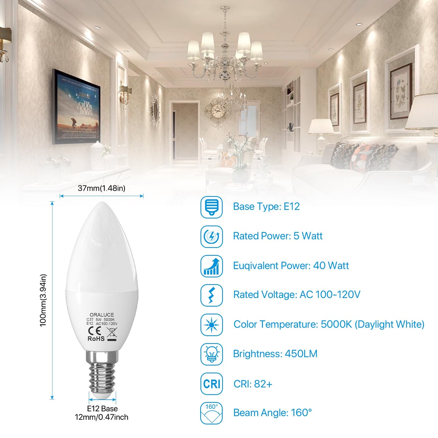 ORALUCE E12 LED Candelabra Light Bulbs, 40W Equivalent, 5000K Daylight White, Non-dimmable, 5W 450LM, 6 Pack