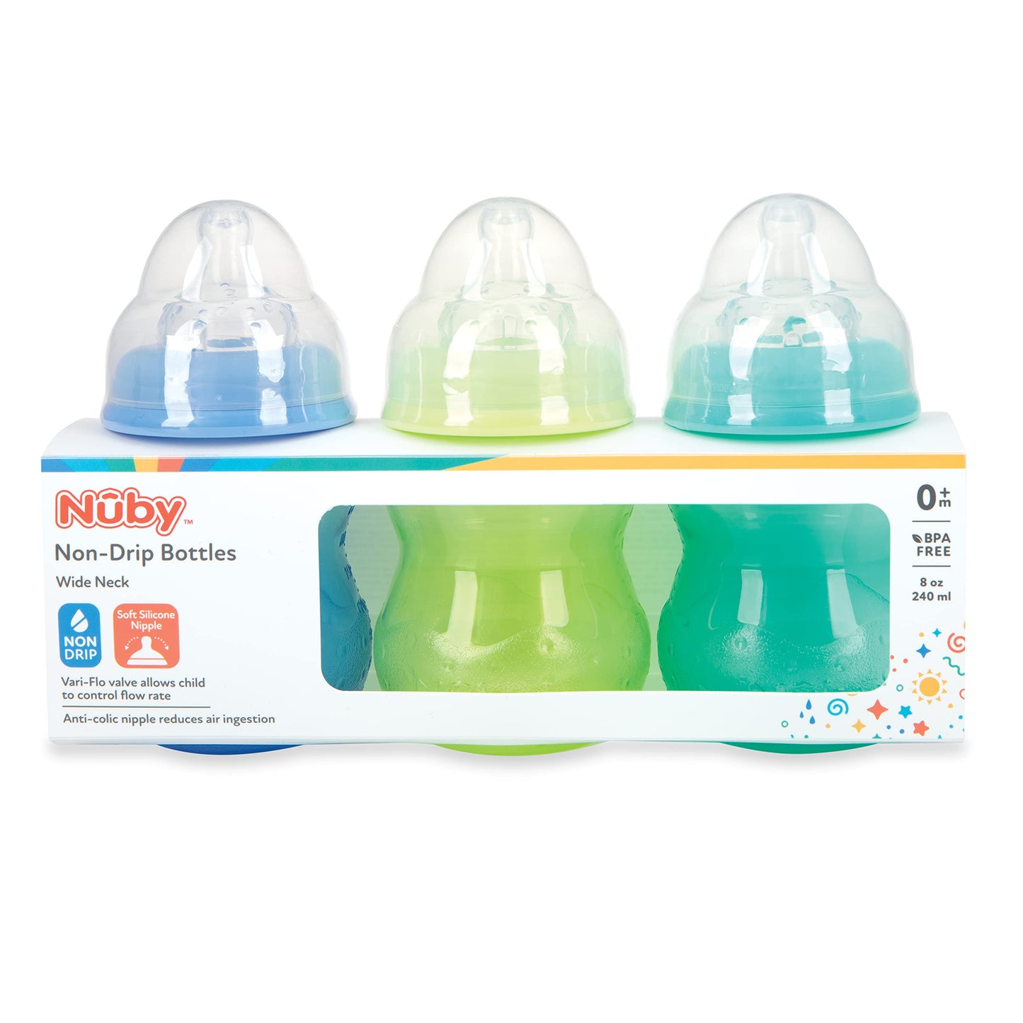 Nuby Wide Neck Non-Drip Bottle - Baby Bottles with Anti-Colic Vari-Flo Valve - (3-Pack) 8 oz - 0+ Months - Yellow, Blue, Green