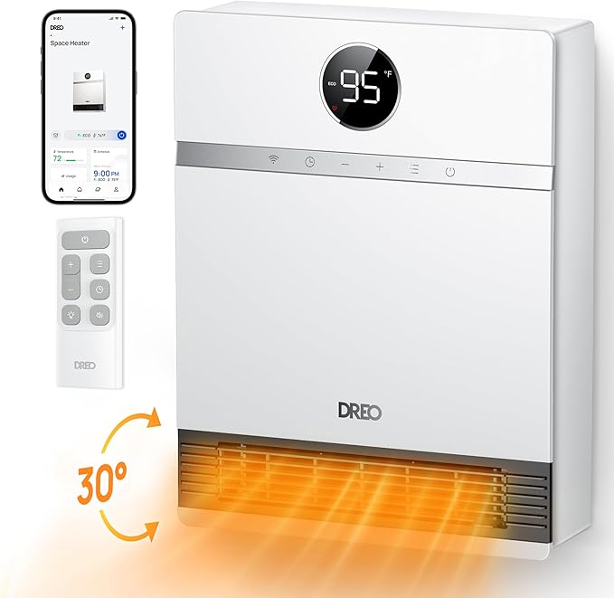 DREO Smart Wall Heater, IP24 Electric PTC Space Heaters for Indoor Use, 30° Oscillation, Adjustable Thermostat, Remote Con...