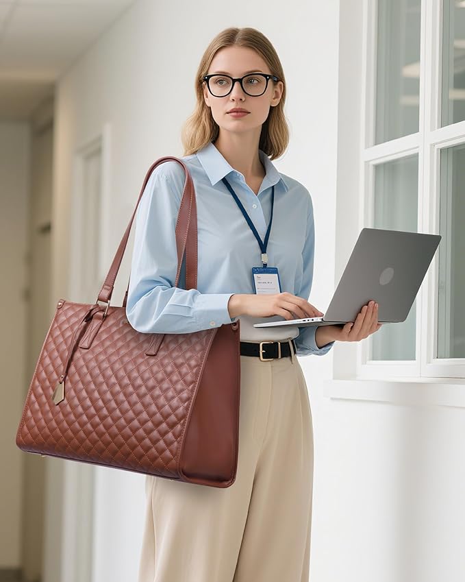LOVEVOOK Lunch Tote Bag for Women, 15.6 Inch Laptop Bag with Insulated Lunch Compartment, Quilted Large Capacity Computer Handbag with Purse for Business, Work, Nurse, Collage, Office, Casual, Brown