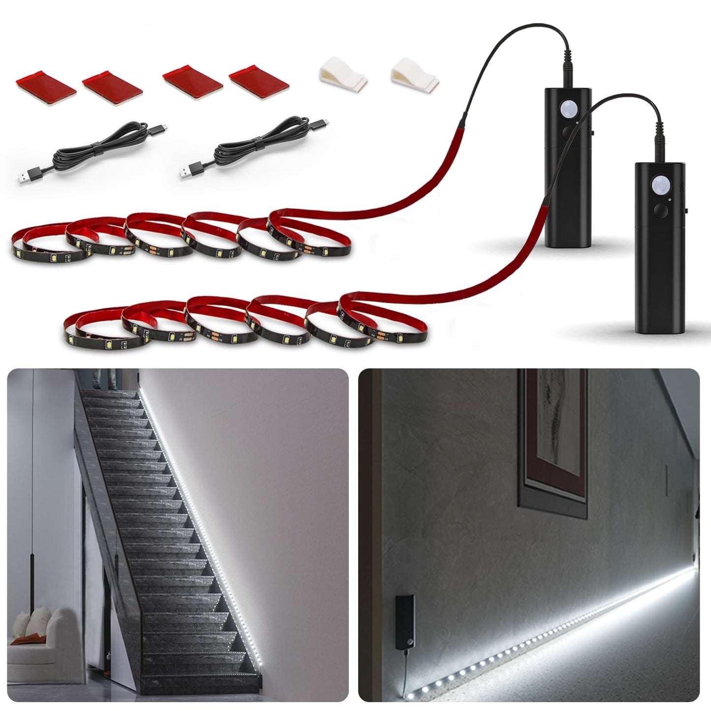 Wobane Motion Sensor Led Strip Lights, 6.56Ft Battery Powered, Black, 6000K White, Ideal For Closet, Wardrobe, Stair, And Cabinet