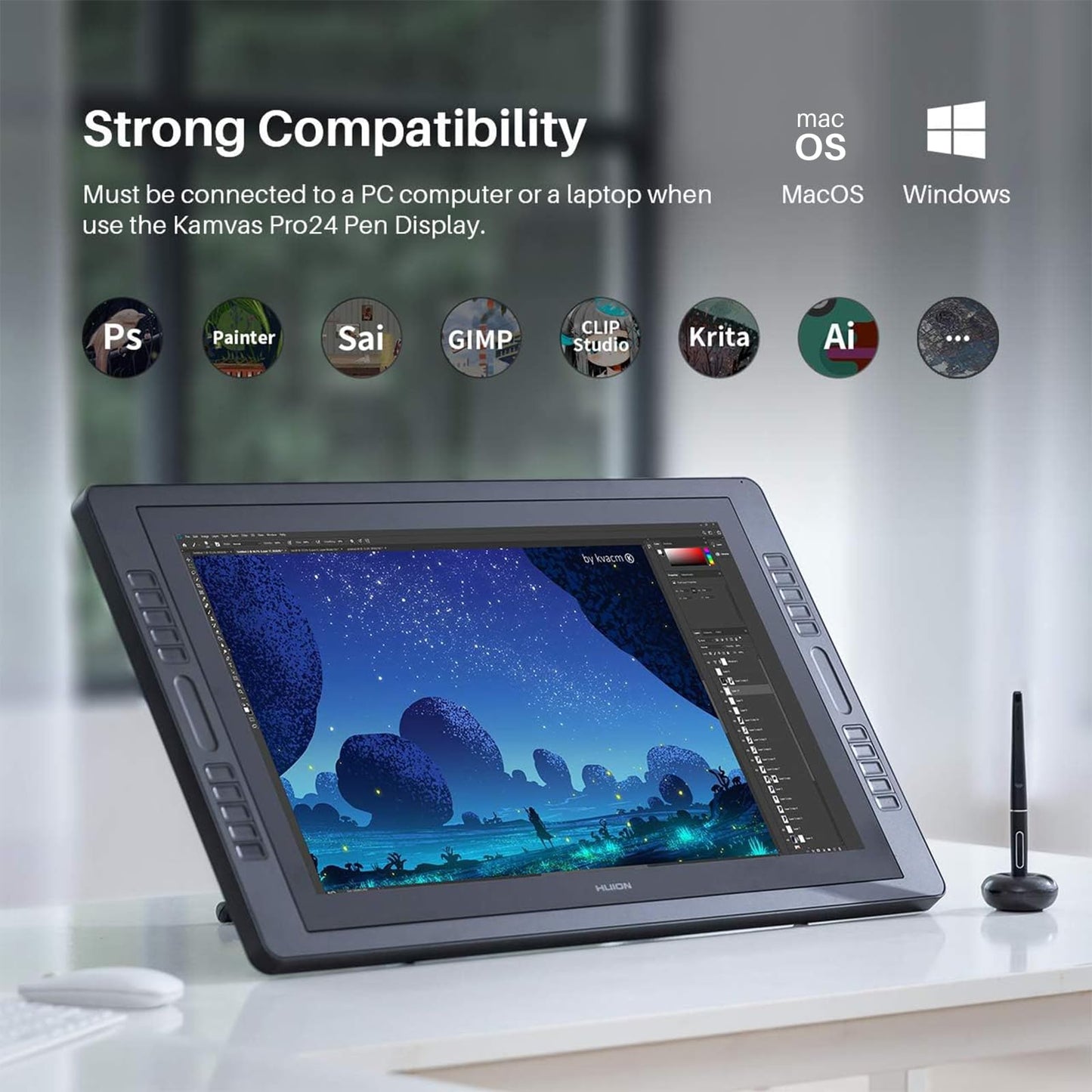 Huion Kamvas Pro 24 2.5K Qhd Drawing Tablet With Screen, Full Laminated Anti-Glare Glass Drawing Monitor With Battery-Free Stylu