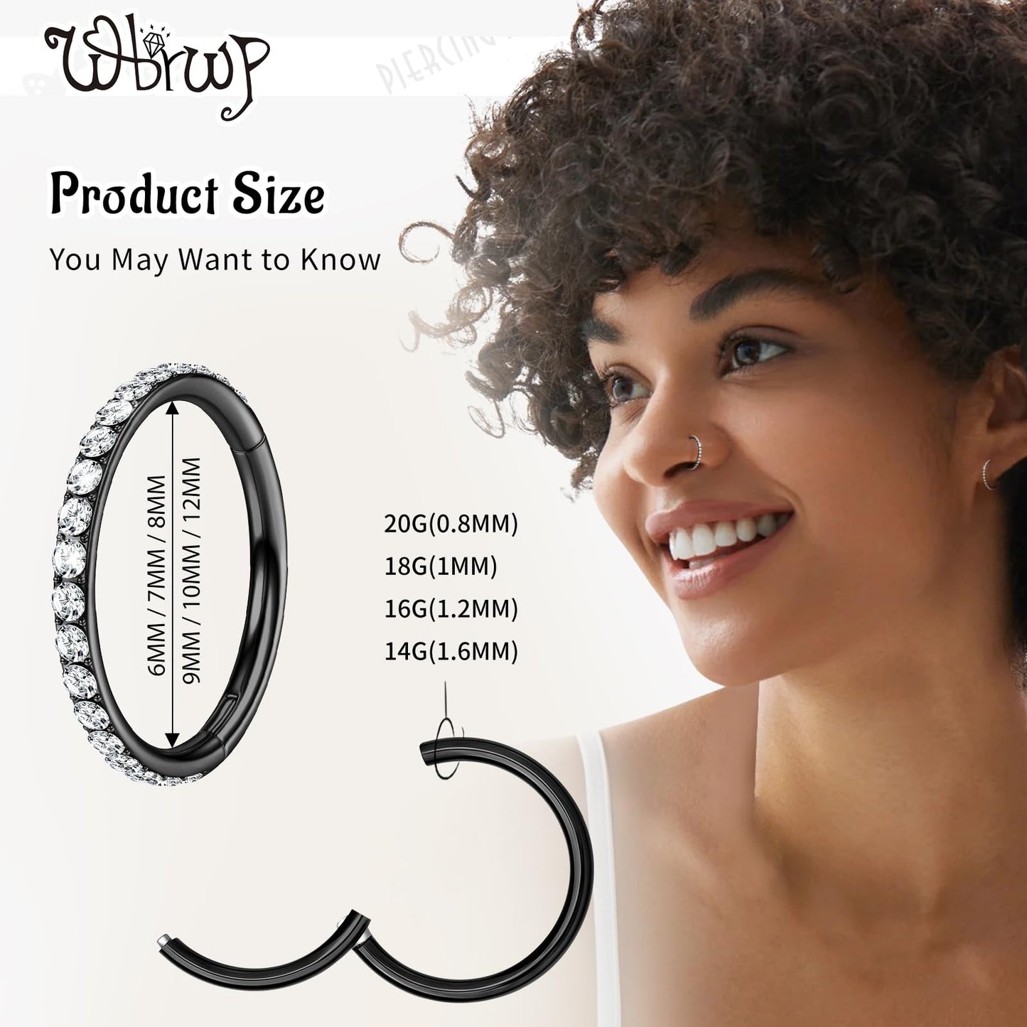 WBRWP 316L Stainless-Steel Hinged Nose-Rings-Hoop : 18G(1.0mm) Womens and Mens Pierecing Ring with Zircon Segment Ring Lip Rings