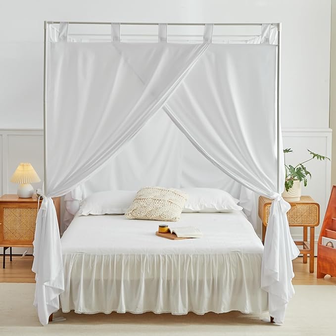 AIKASY White Canopy Bed Curtains with Top Ties and Tie Backs for Bedroom Decoration - Queen Size Bed Curtains with Windproof and Lightproof Features