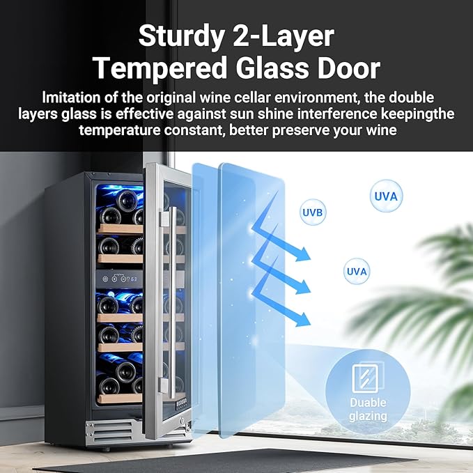 BODEGA 15” wine cooler, Dual Zone Wine Fridge With Double-Layer Glass Door, Built In or Freestanding Wine Cooler Refrigerator With Stainless Steel Handle, 30 Bottles Wine Fridge. Gift for Christmas.
