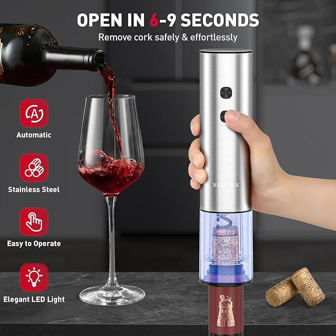 Secura Stainless Steel Electric Wine Opener, Rechargeable Automatic Wine Bottle Opener with Foil Cutter & Charging Cable, Reusable Corkscrew Wine Opener Electric for Home Party Bar Outdoor, Silver
