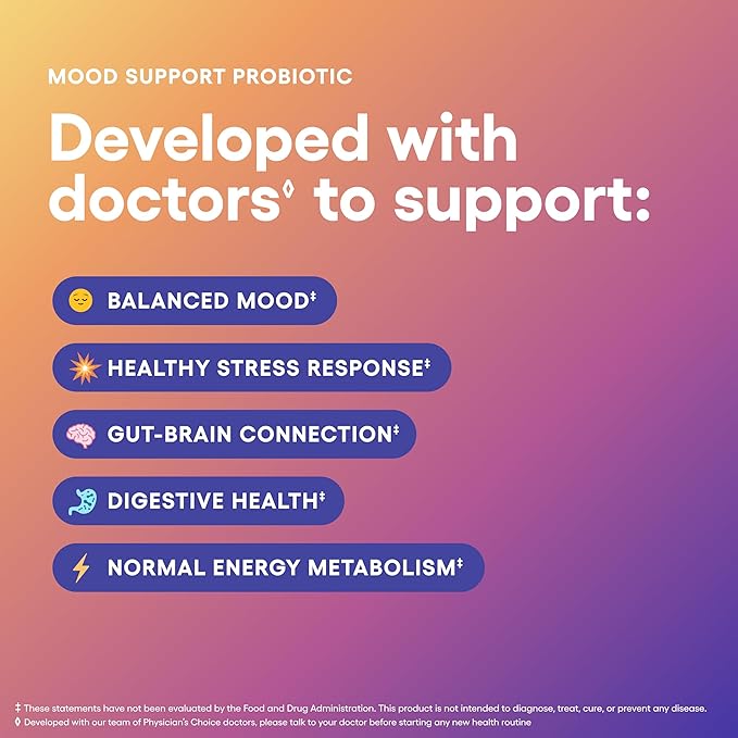 Physician's CHOICE Mood Support Probiotic - Supports a Balanced Mood, Healthy Stress Response & Digestive Health with Prebiotics, Ashwagandha, Vitamin B12, Folate - for Men & Women - 30ct 2-Pack