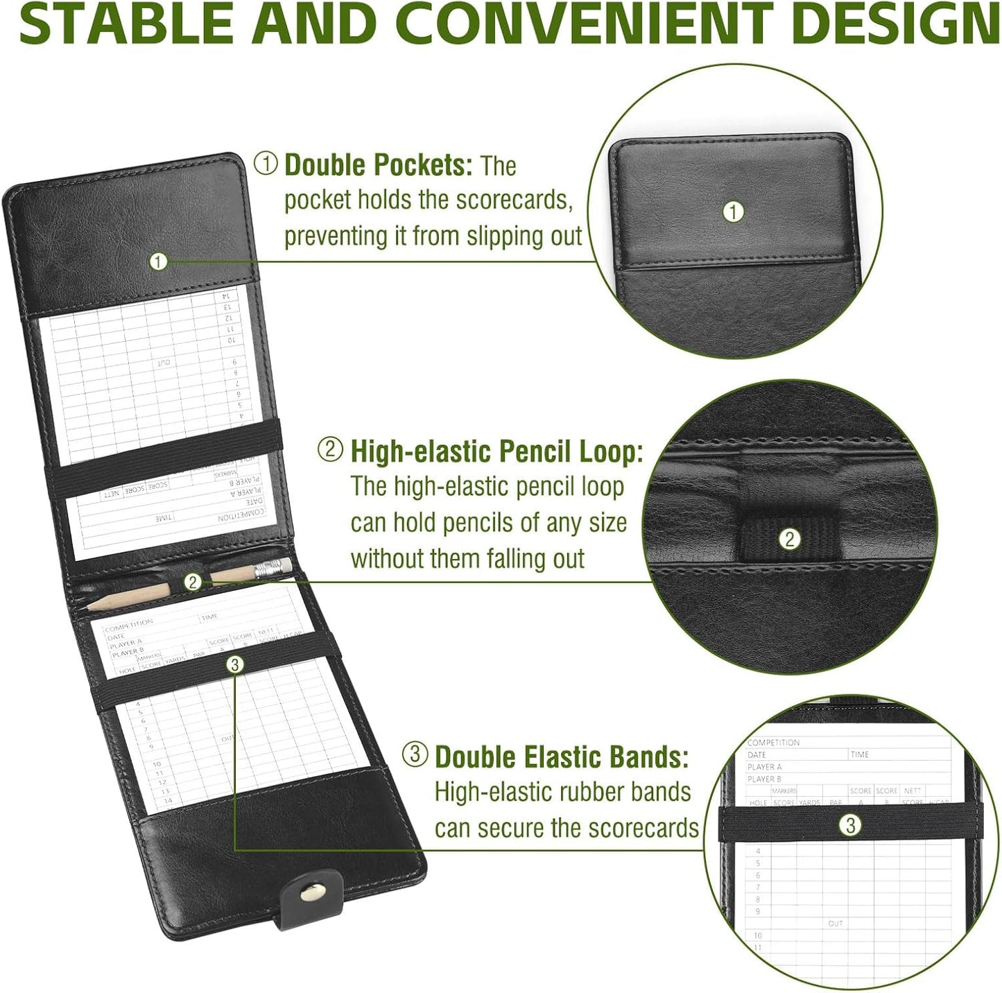Archerest Magnetic Golf Scorecard Holder, 7.48" x 4.33" Premium Leather Yardage Book Cover Golf with A Pencil and Five Double Sided Printed Scorecards, Golf Accessories and Scorecard Book