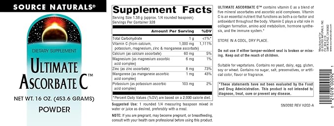 Source Naturals Ultimate Ascorbate C Powder - Vitamin C - 1000 mg Supports Immune System - 16 oz