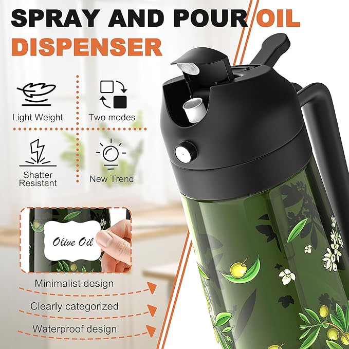 COOLMI Oil Sprayer for Cooking, 2 in 1 Olive Oil Dispenser Bottle Set for Kitchen, Food-Grade Glass Green Oil Vinegar Bottle Container - 16OZ/470ML Set of 2 (Black)