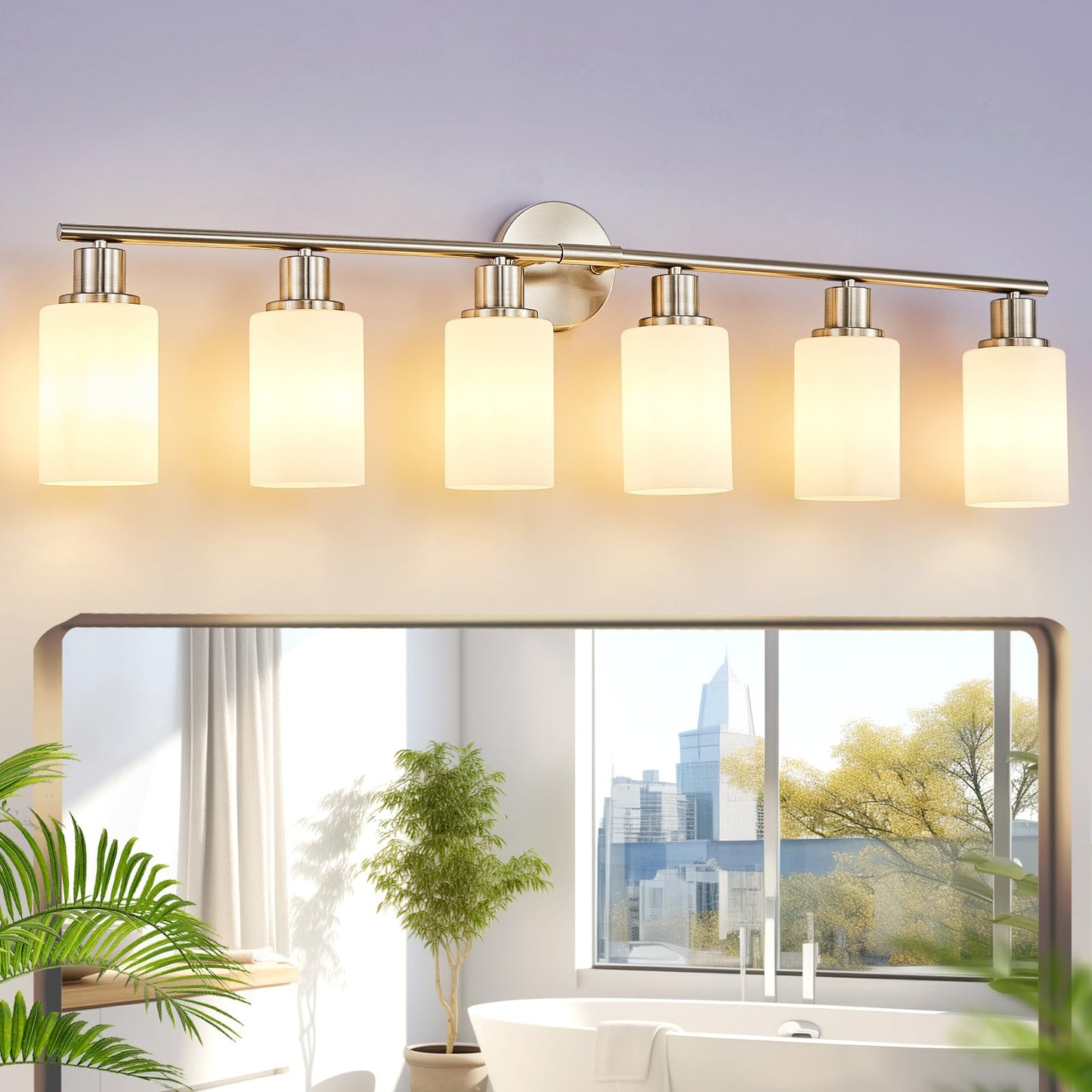 DINGLILIGHTING 6-Light Bathroom Vanity Light Fixtures, Milky White Glass Shade, Brushed Nickel, Metal