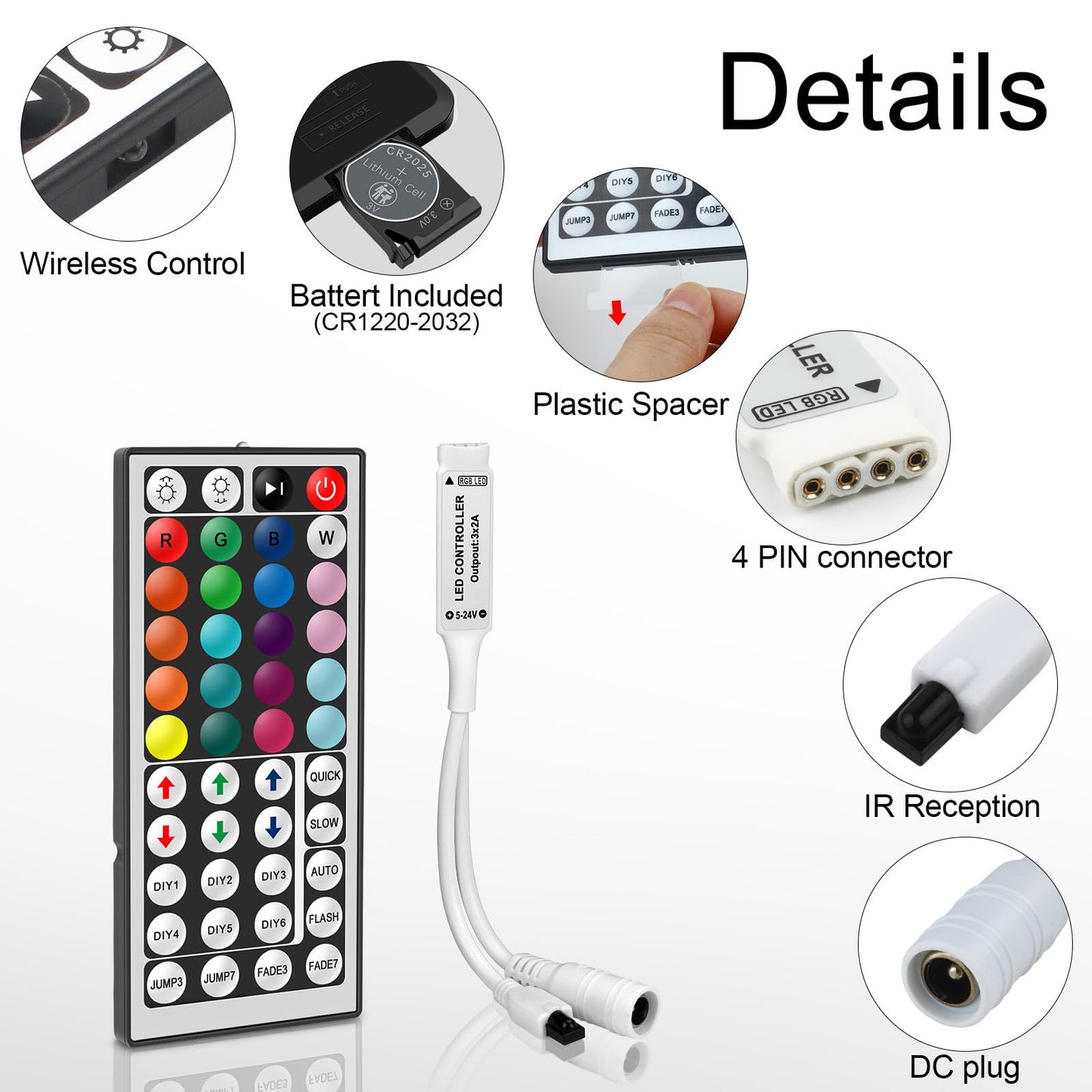 VIPMOON 44 Key IR RGB LED Strip Light Remote Controller, DC 5V-24V, Plastic, Multicolored, Model MT44KEY