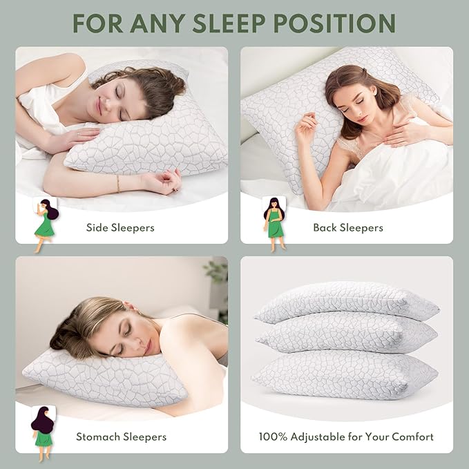 Cooling Shredded Memory Foam Pillow for Sleeping - King Size 2 Pack, Adjustable Bed Pillows Set of 2 for Side, Back, and Stomach Sleepers, Washable Breathable Cold Cover - CertiPUR-US