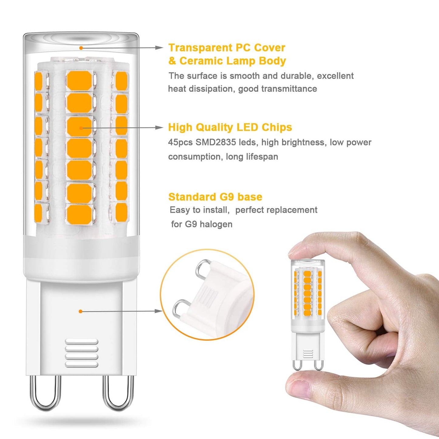 Yuiip G9 Led Light Bulb, 4W Equivalent, Warm White 3000K, 400Lm, Ceramic Base, 6 Pack