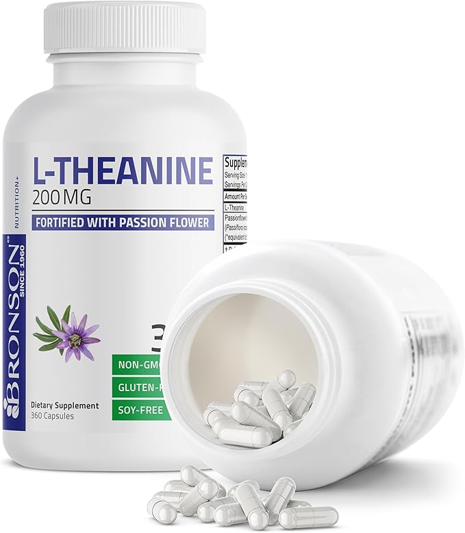 Bronson L-Theanine 200mg (Double-Strength) with Passion Flower Herb, Non-GMO Gluten-Free Soy-Free Stress Management Supplement, 360 Capsules