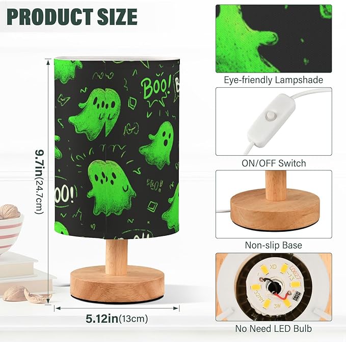 Halloween Green Ghost Table Lamp Bedroom Bedside Night Reading Desk Lamps Cylinder Nightstand Sleeping Light Lamp for Kids Living Room Office Decor