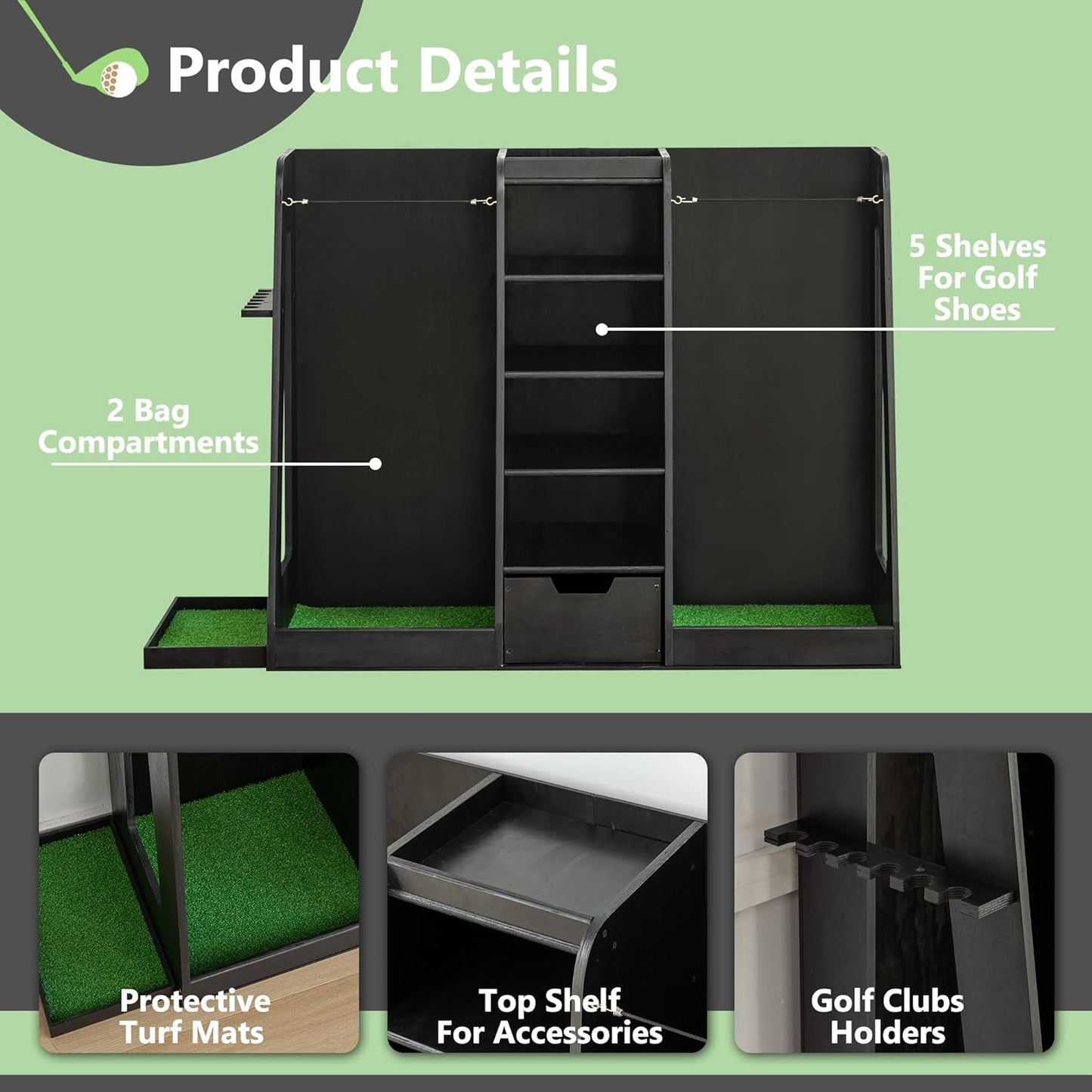 Golf Bag Organizer Storage Rack Large Wooden for 2 Bags, Golf Club Stand Holder with Drawer, Sports Equipment Rack for Garage, Practice Room, Home or Office