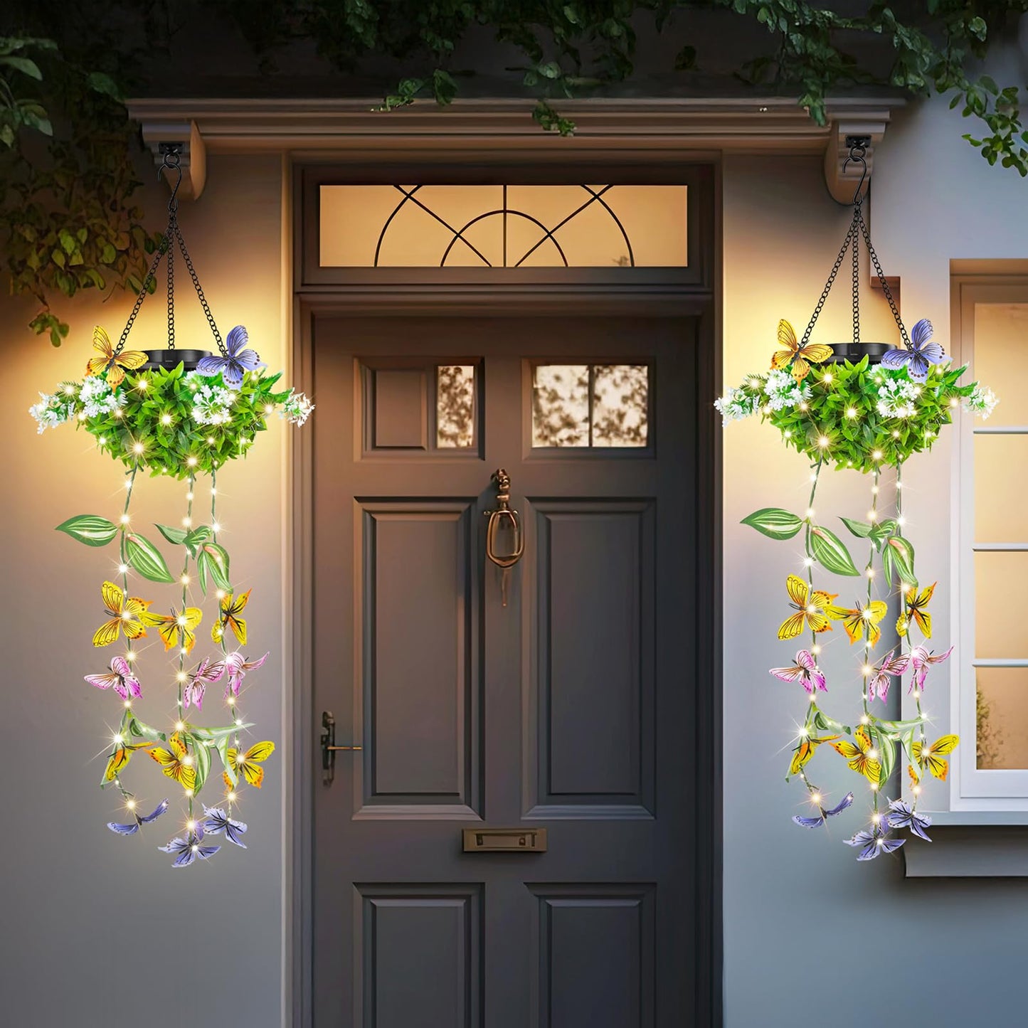 Solar Hanging Garden Lights - 2 Pack  Artificial Butterfly & Flower Led Fairy String Lights  Ip65 Waterproof Outdoor Festive Decor For Patio  Porch  Garden  Yard  Warm Gift For Mom  Family & Friends