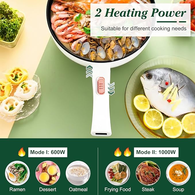 Hot Pot Electric with Steamer, 3L Non-Stick Sauté Pan, Rapid Noodles Cooker with Spatula, Mini Pot for Steak, Egg, Ramen, Electric Cooker with Dual Power Control, Over-Heating Boil Dry Protection