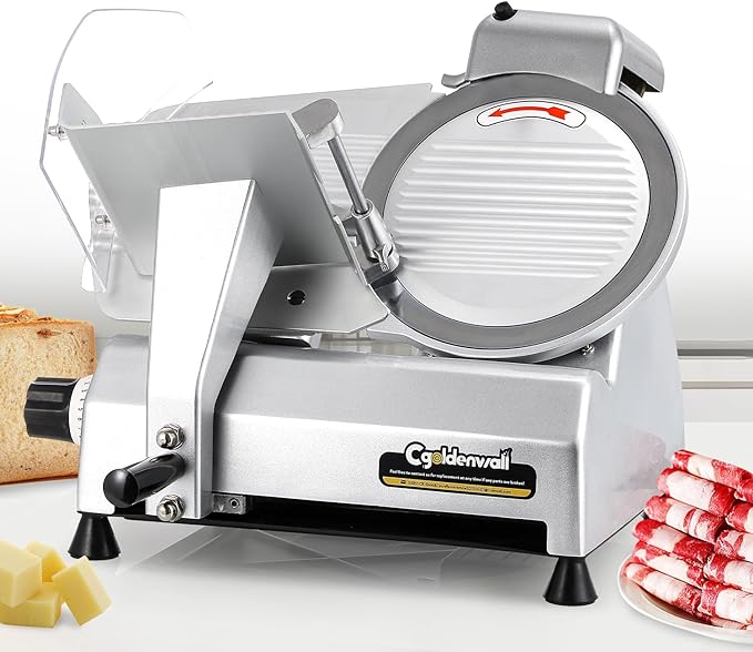 CGOLDENWALL Commercial Meat Slicer Machine, 240W 0-0.7" Adjustable Thickness Electric Deli Meat Cheese Food Slicer, 10" Semi-Auto Frozen Meat Slicer for Home, Copper Motor Low Noise Durable