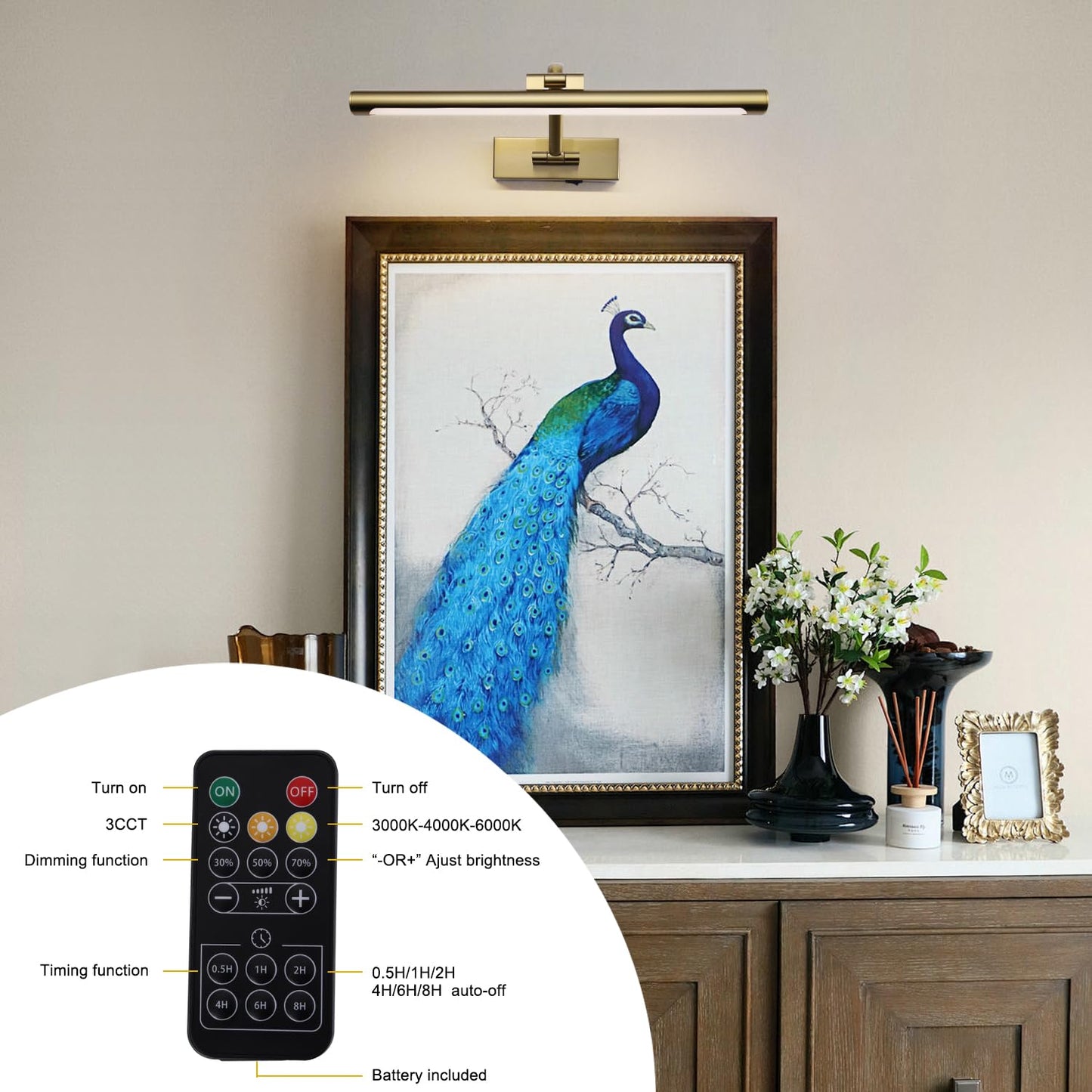 Wireless Picture Lights For Wall Battery Operated Brass Art Light For discomfort-reducingtings With Remote 3Cct Dimmable Potrait Lighting Rotatable Display Lighting 16 Rechargeable Wall Lamp For Frame Dartboard