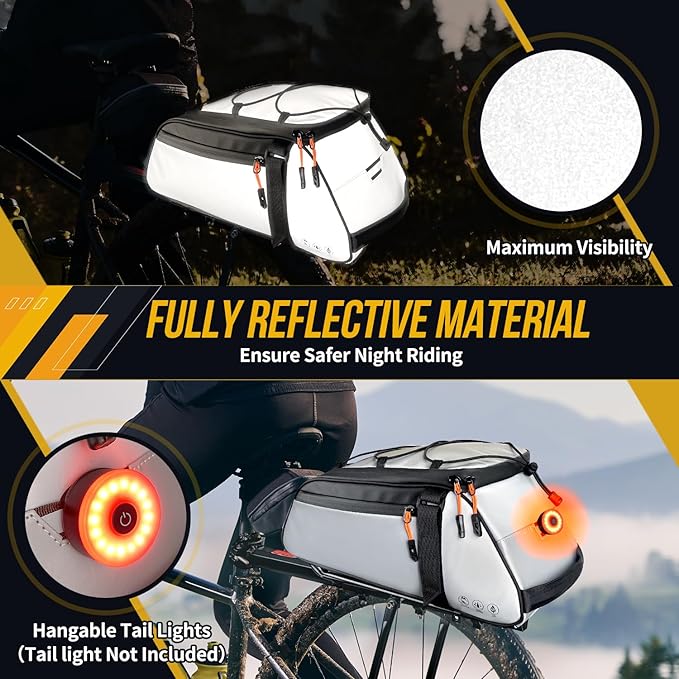 WOTOW Bike Rear Rack Bag - 10L Large Full Reflective Waterproof Trunk Bag, Multifunctional Bicycle Back Seat Cargo Carrier with Shoulder Strap(Full Reflective)
