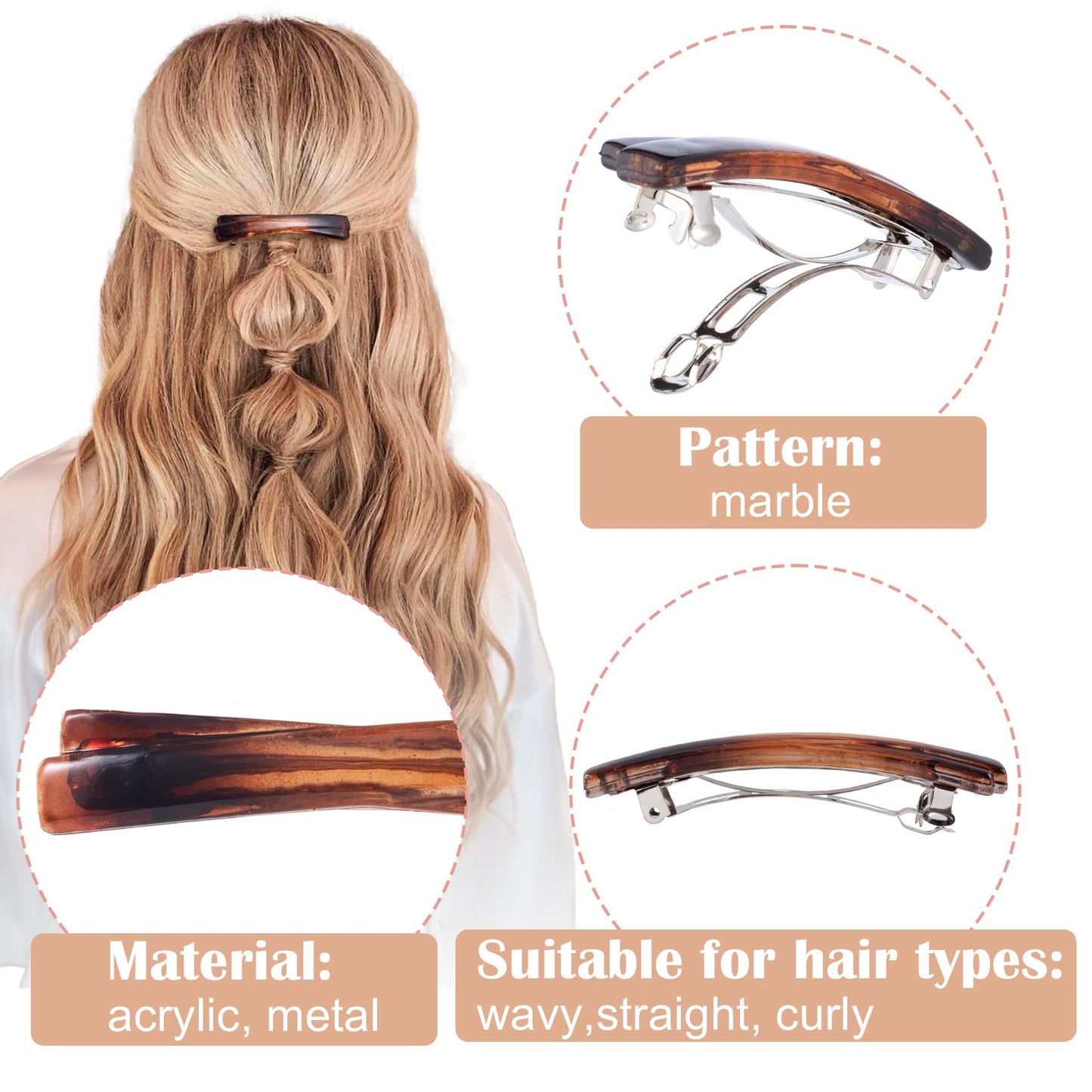STSTR 4PCS French Barrette Hair Clips for Women, 2 Styles Small Tortoise Shell Hair Clip, Curved Glossy Thin Hair Flat Hair Acce