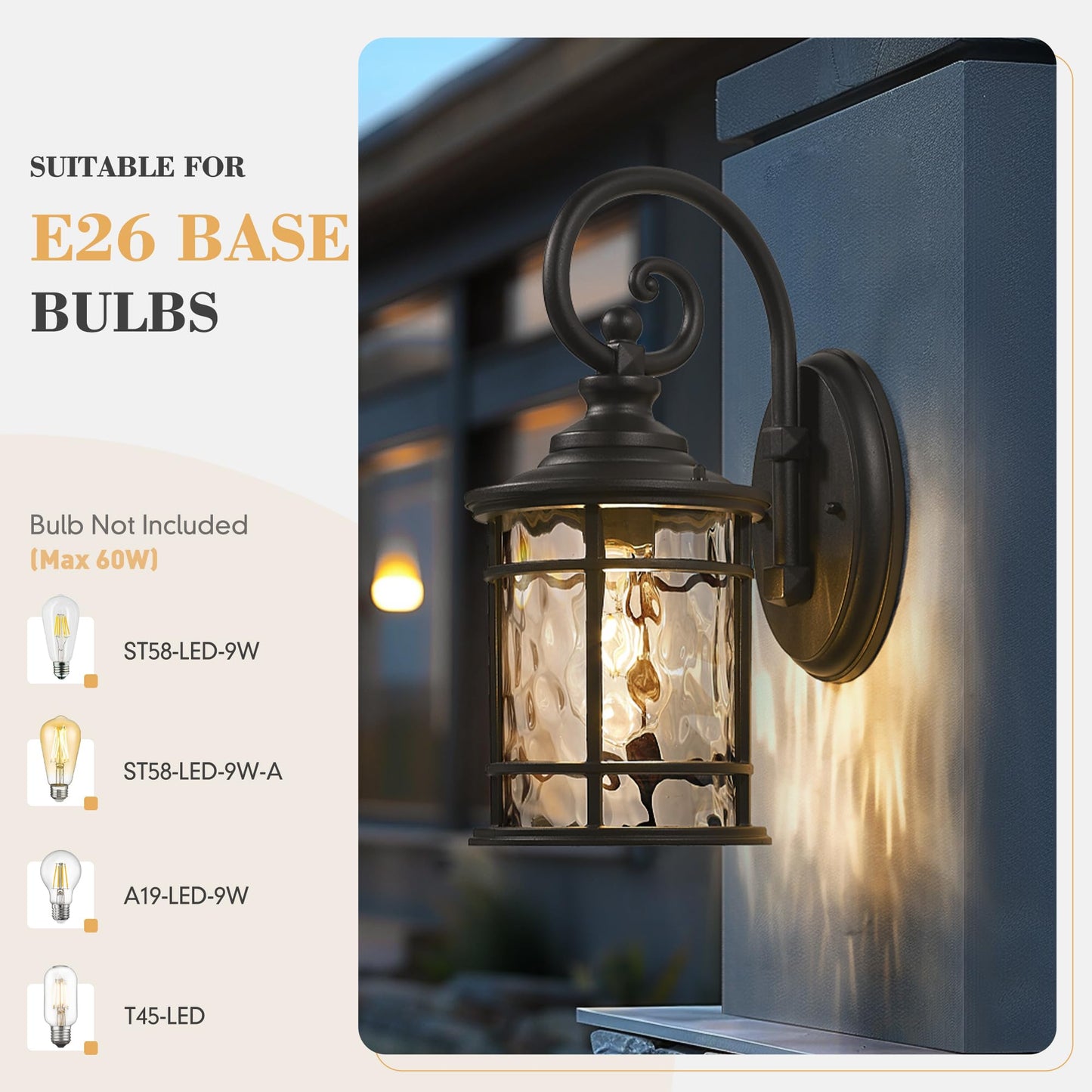 Emliviar Farmhouse Outdoor Light Fixture  15.5 Exterior Lighting Fixtures With Water Ripple Glass  Die-Casting Aluminum In Black Finish  Xe229B-Wg Bk