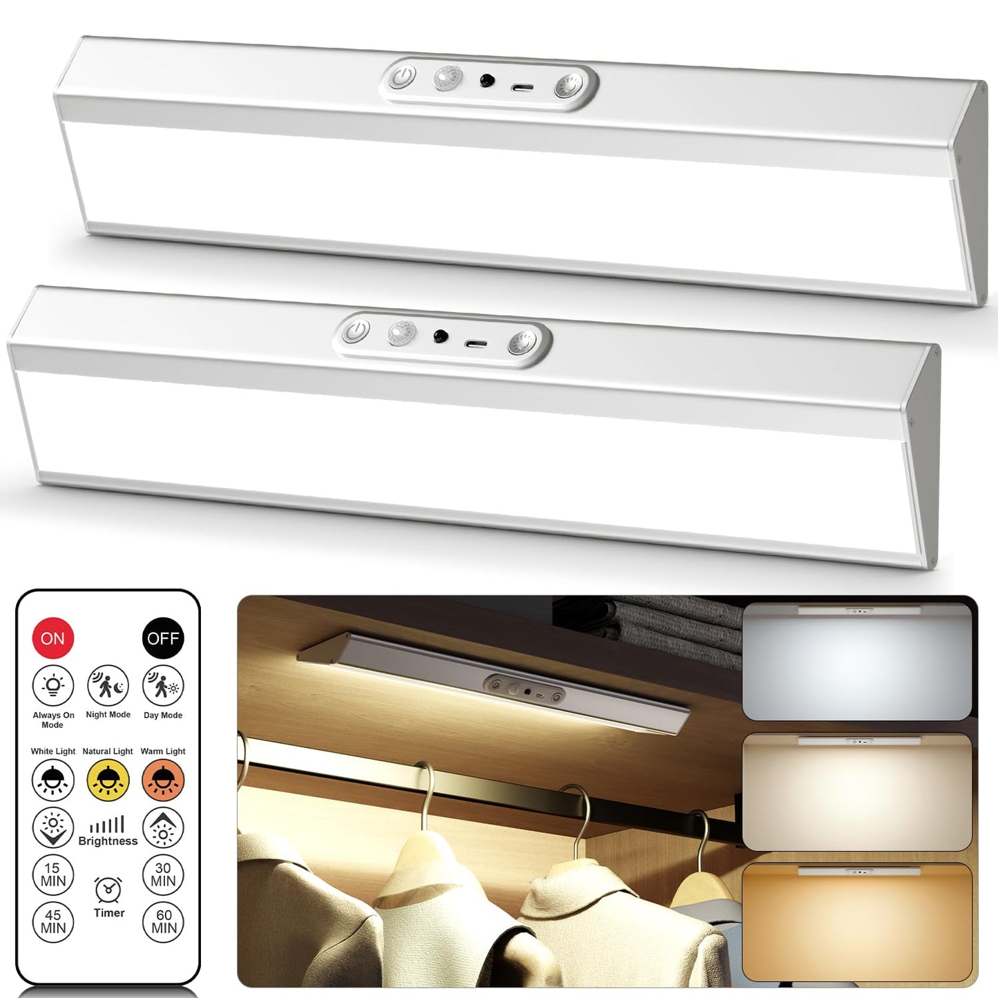 LENOMA Motion Sensor Closet Lights, 400 Lumen, 2 Pack, Rechargeable, Silver, LTM-CGD-06, Wireless with Remote Control, 3 Color Temp