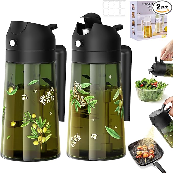 COOLMI Oil Sprayer for Cooking, 2 in 1 Olive Oil Dispenser Bottle Set for Kitchen, Food-Grade Glass Green Oil Vinegar Bottle Container - 16OZ/470ML Set of 2 (Black)