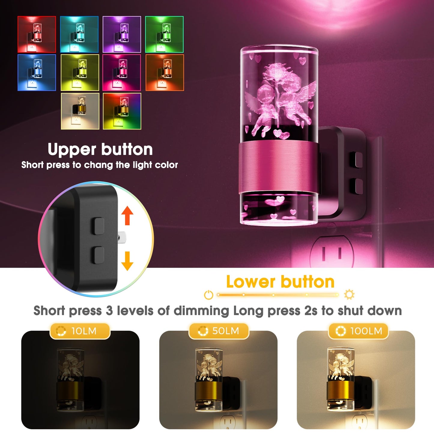 L LOHAS LED Night Light, Dusk to Dawn Sensor, 9 Color Changing, Adjustable Brightness, Acrylic, 1 Pack, Gold Ring-Angel RGB