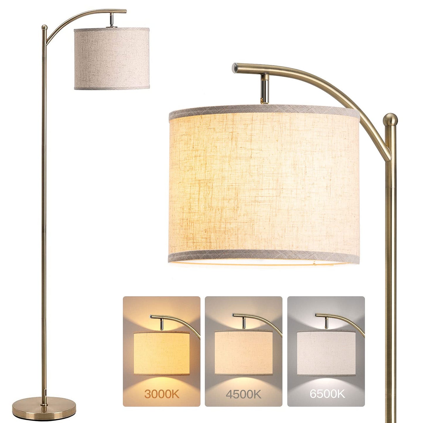 addlon Floor Lamp with Beige Linen Shade, 63in Brass Gold Metal, Modern Design