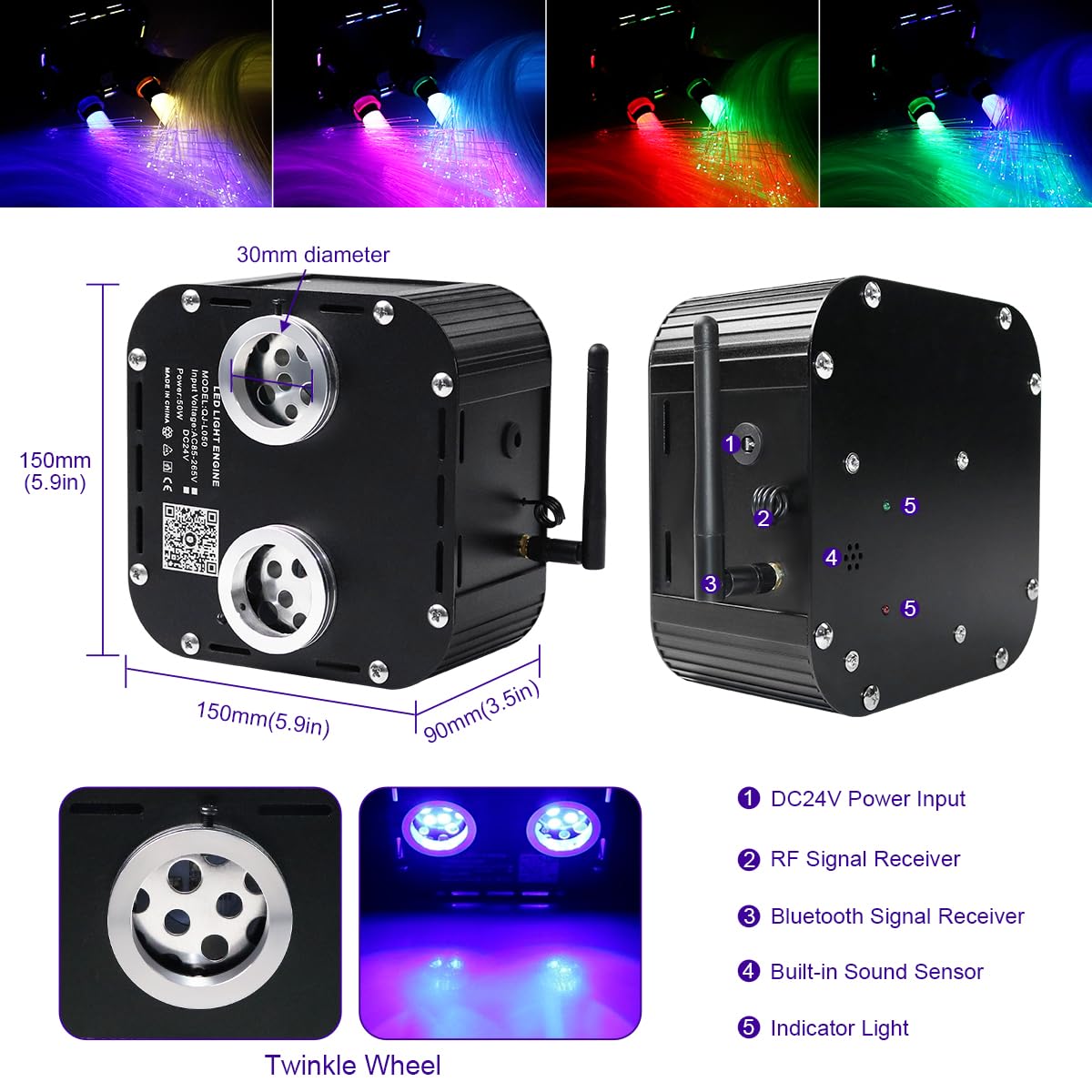 AZIMOM Dual Color Twinkle Fiber Optic Starlight Kit, 50W, 1330pcs, 16.4ft, Aluminum, Black, Model QJ-L050, Sound